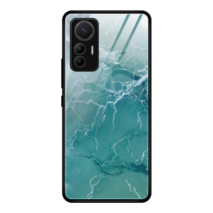 Marble-pattern glass protective phone case for Xiaomi 12 Lite, teal marbled cracks