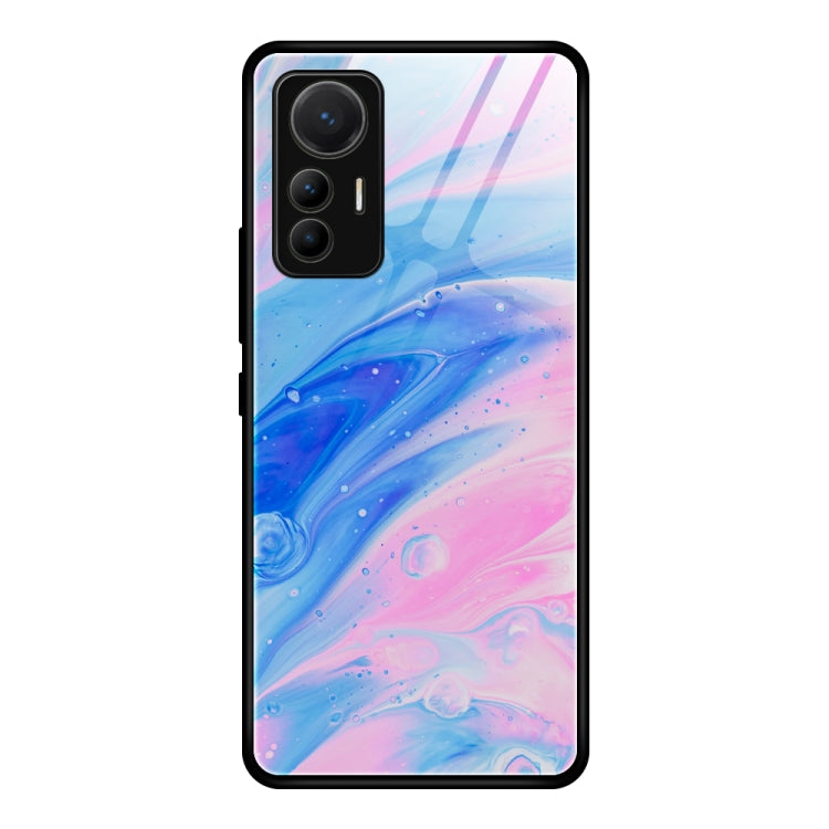 Marble-pattern glass protective phone case for Xiaomi 12 Lite, pink and blue fluid swirl