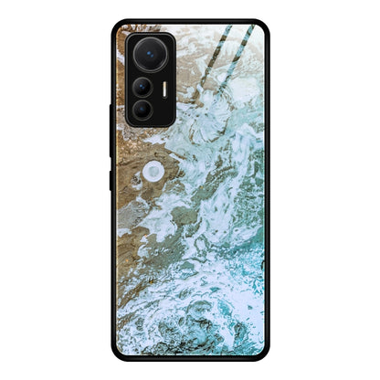 Marble-pattern glass protective phone case for Xiaomi 12 Lite, white and teal ocean marble