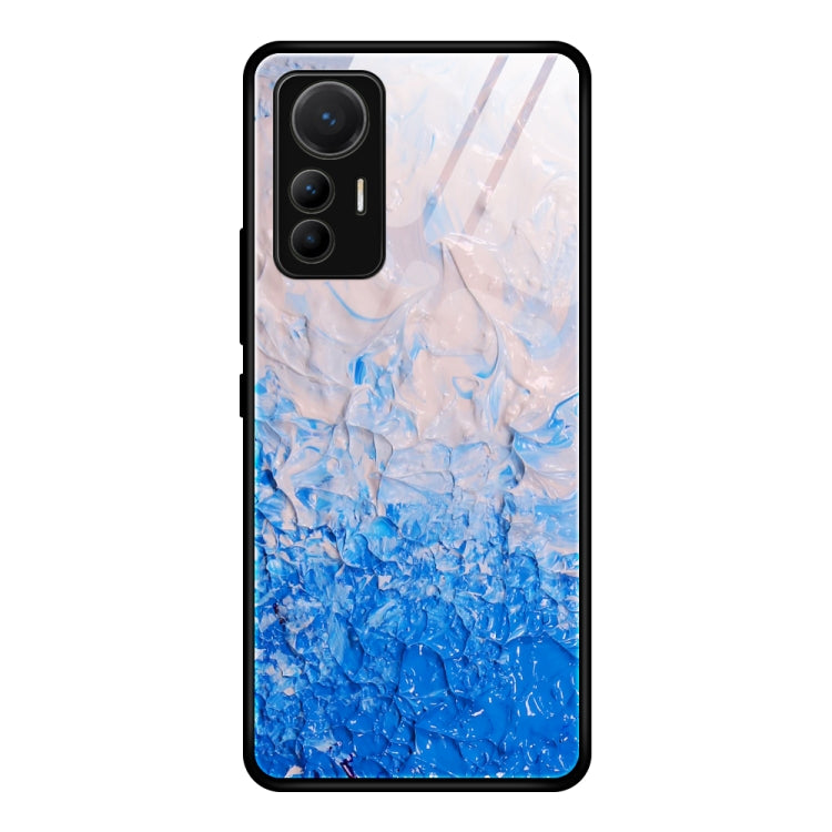 Marble-pattern glass protective phone case for Xiaomi 12 Lite, blue marble with layered swirls