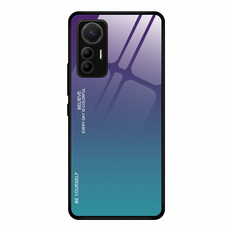 Gradient glass phone case with purple-to-blue finish and cutouts for triple cameras