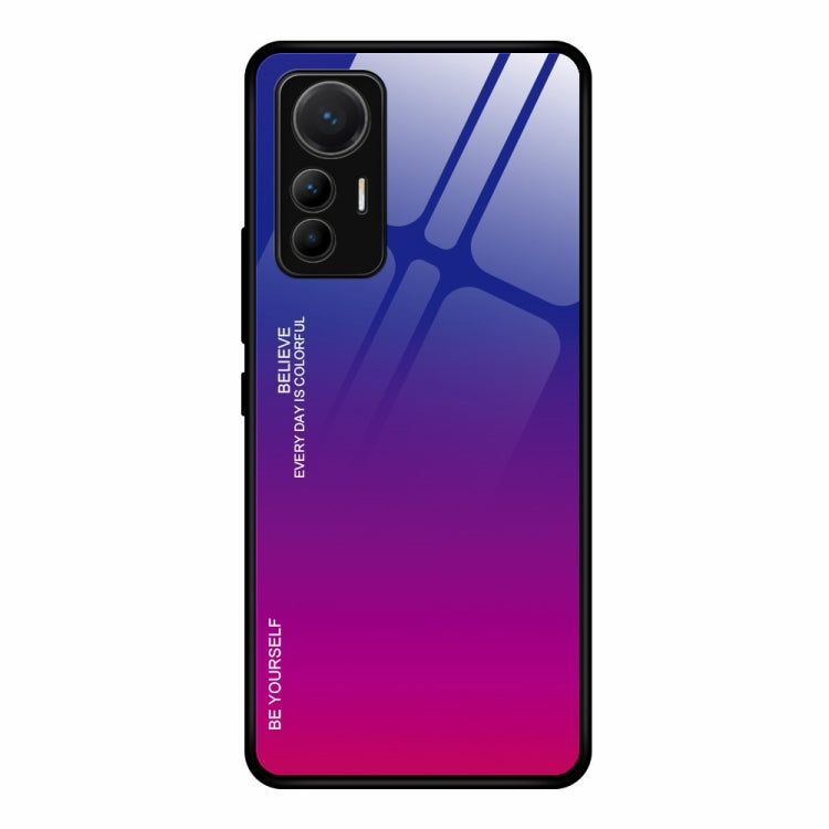Gradient glass phone case with purple-to-magenta finish and cutouts for triple cameras