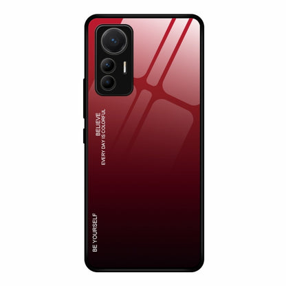 Gradient glass phone case with red-to-dark finish and cutouts for triple cameras