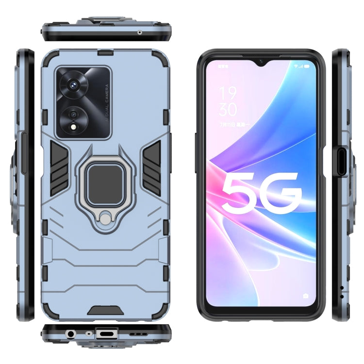 Navy blue rugged shockproof phone case with magnetic ring holder; front and side views