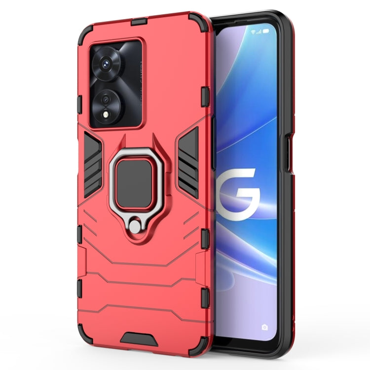 Red shockproof phone case with magnetic ring holder and raised rugged corner protection