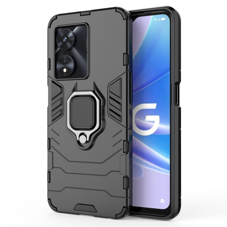 Black shockproof phone case with magnetic ring holder and textured grip panel