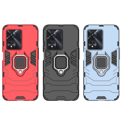 Shockproof phone cases in red, black, and light blue with magnetic ring holder