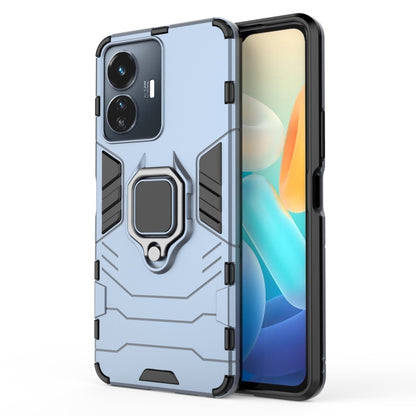 Light blue shockproof phone case with magnetic ring holder and protective raised edges