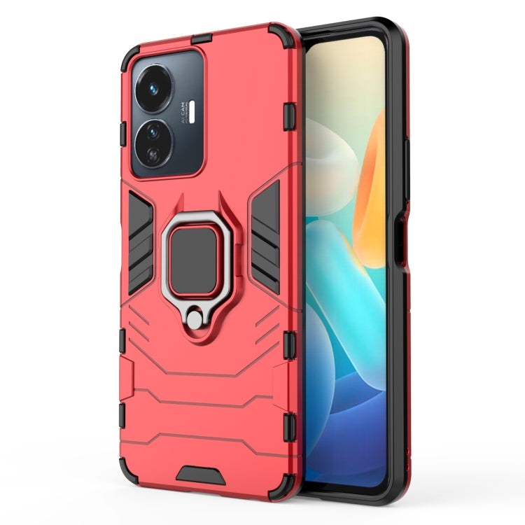Red shockproof phone case with magnetic ring holder; rugged frame with side grips
