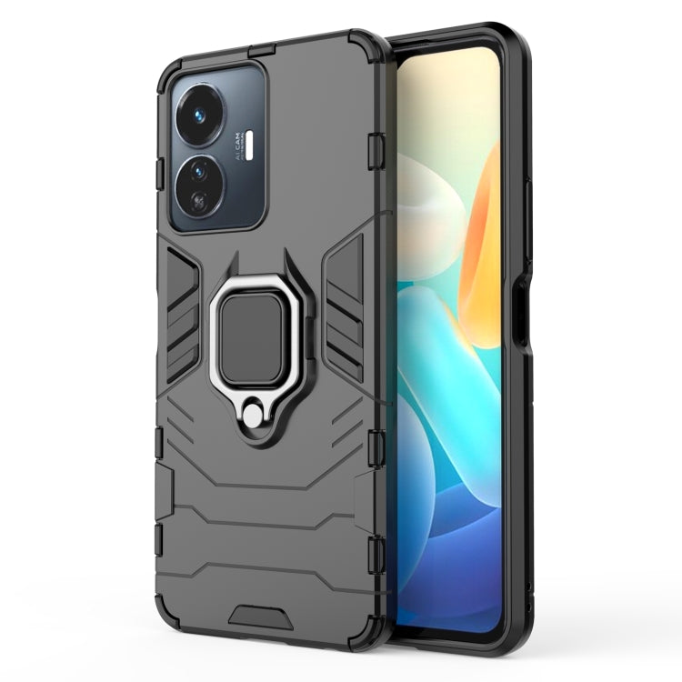 Dark gray shockproof phone case with magnetic ring holder and rugged bumper design