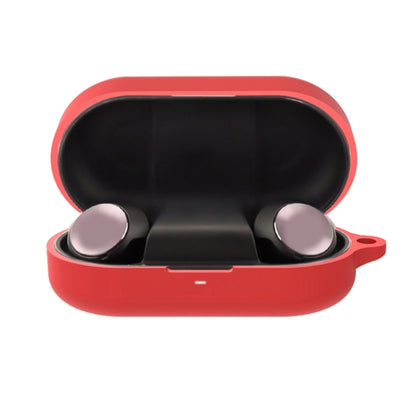 Red silicone Bluetooth earphone case, open with earbuds visible