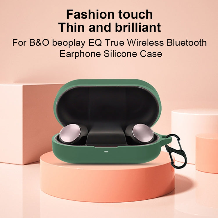 Green silicone earphone case, open with earbuds visible and carabiner loop