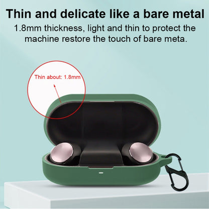 Green silicone earphone case, open with earbuds visible and hook strap