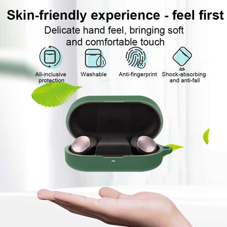 Green silicone earphone case, open with earbuds visible