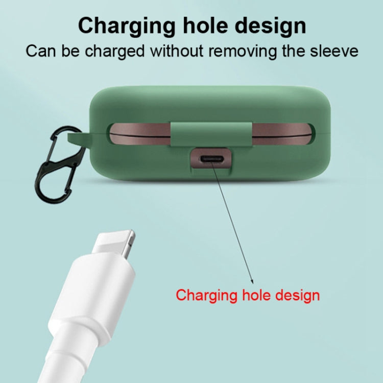 Green silicone earphone case with charging port hole and attached lanyard