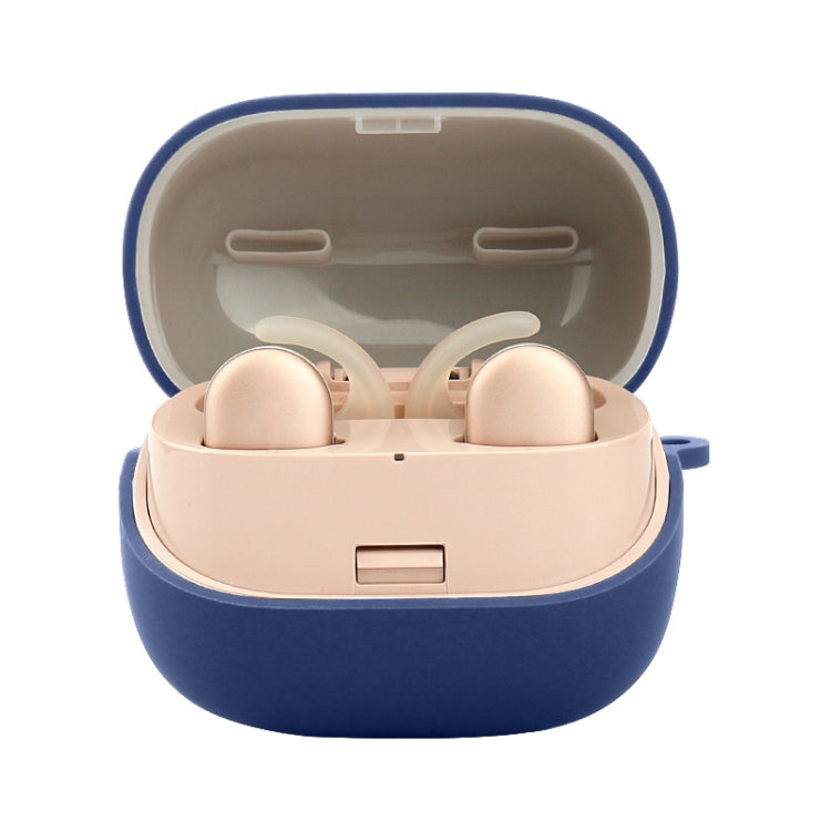 Midnight blue silicone earphone protective case, open with earbuds inside