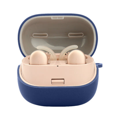 Midnight blue silicone earphone protective case, open with earbuds inside