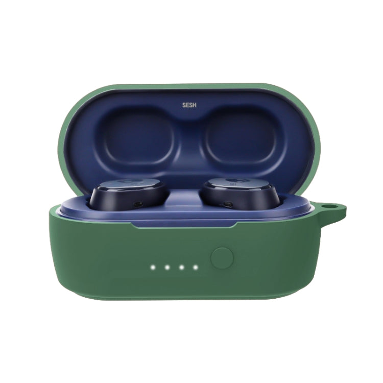 Dark green silicone earbuds case with lid open, holding two wireless earphones.