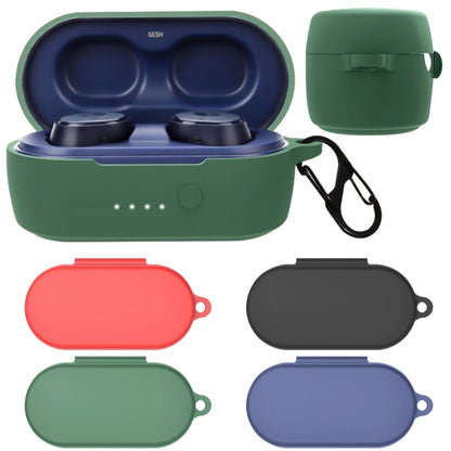 Dark green silicone earbud case with carabiner-style loop; other color cases shown.
