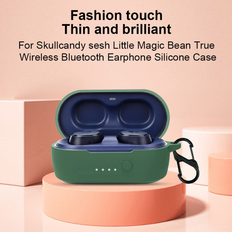 Dark green silicone earbuds case with lid open and two earphones inside.