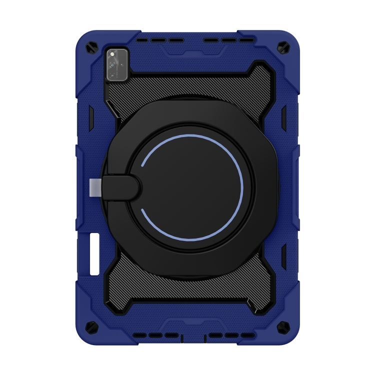 Navy blue rugged tablet case with black circular kickstand and camera cutout