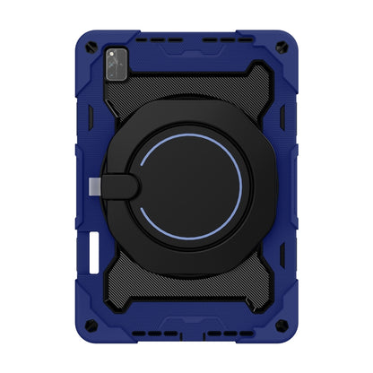 Navy blue rugged tablet case with black circular kickstand and camera cutout