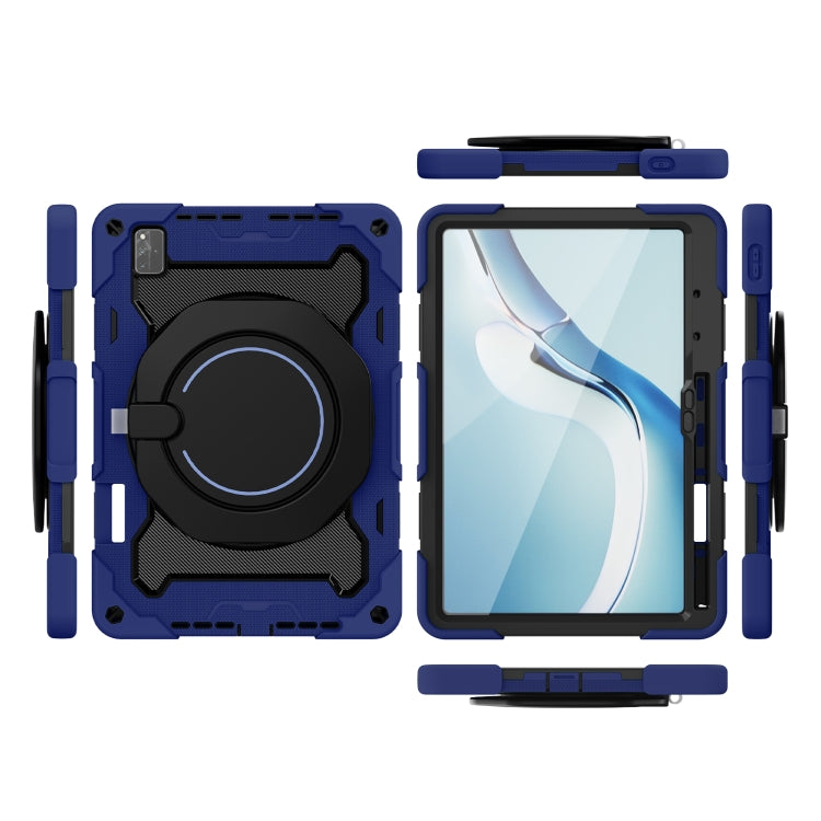 Rugged tablet case in navy with black kickstand, side straps, and screen cover
