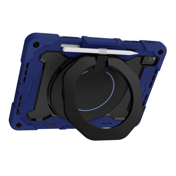 Blue rugged tablet case with black circular kickstand and camera/port openings