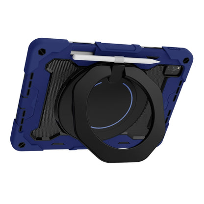 Blue rugged tablet case with black circular kickstand and camera/port openings