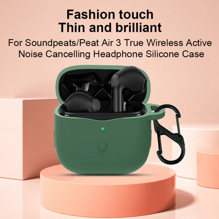 Silicone earbuds case with built-in clip, shown open with earbuds inside