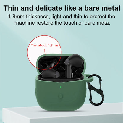 Thin silicone earbuds case with clip, earbuds shown inside with thickness callout