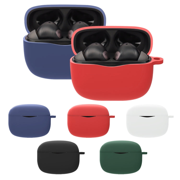 Silicone Bluetooth earphone case set in blue, red, black, green, and white; open view