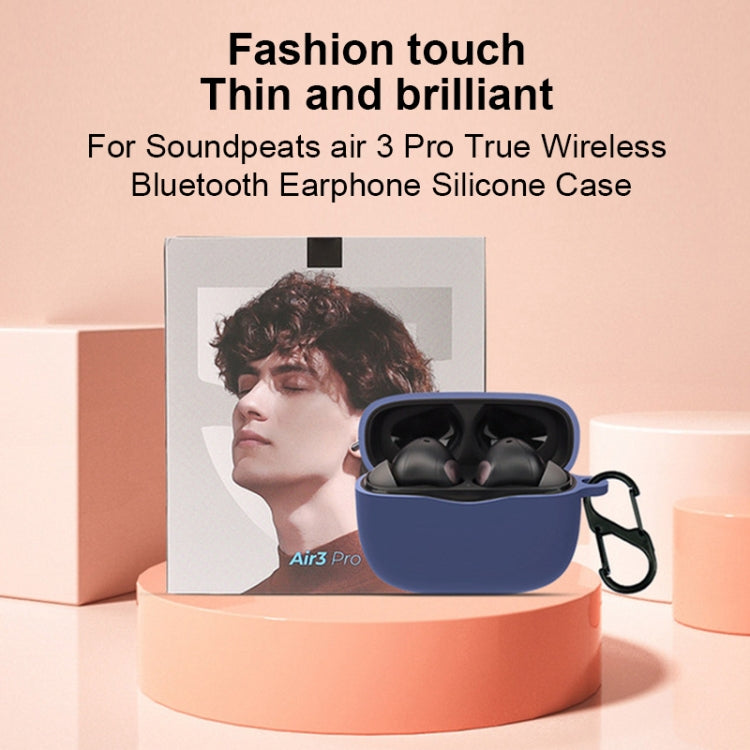 Blue silicone Bluetooth earphone case with earbuds inside and lid open