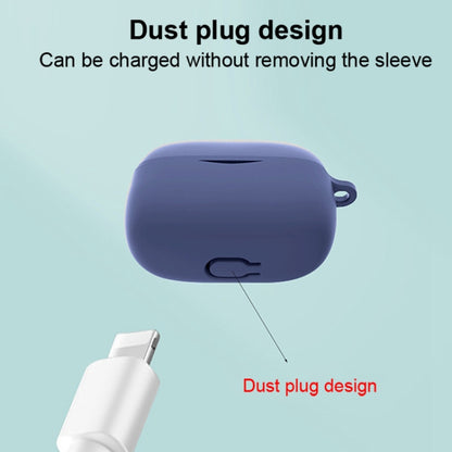 Blue silicone Bluetooth earphone case with dust plug port and charging cable connected
