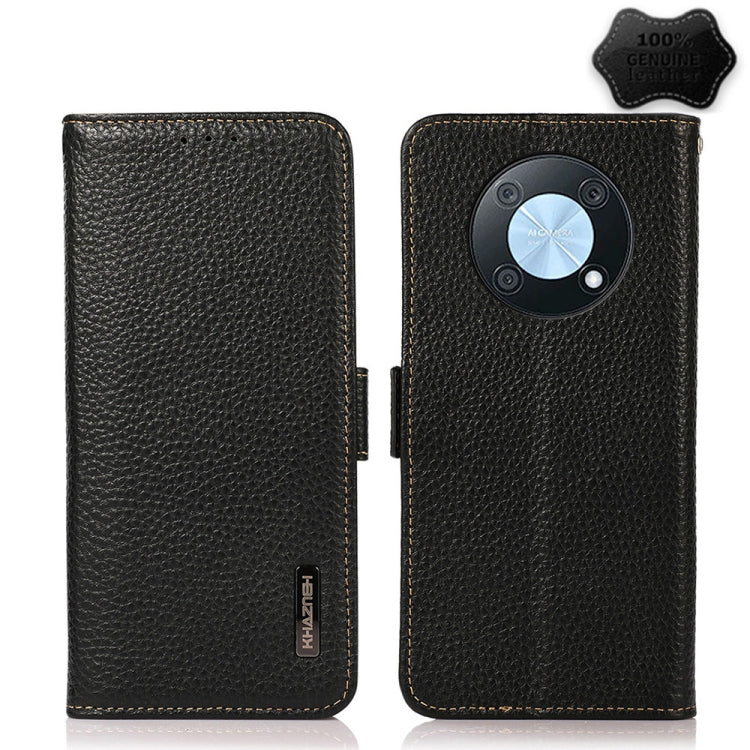 Genuine leather litchi-texture flip phone case, black, with magnetic closure and camera cutout