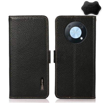 Genuine leather litchi-texture flip phone case, black, with magnetic closure and camera cutout