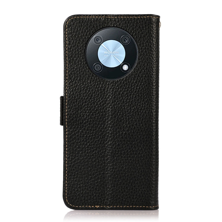 Genuine leather litchi-texture flip phone case, black, with round magnetic ring holder