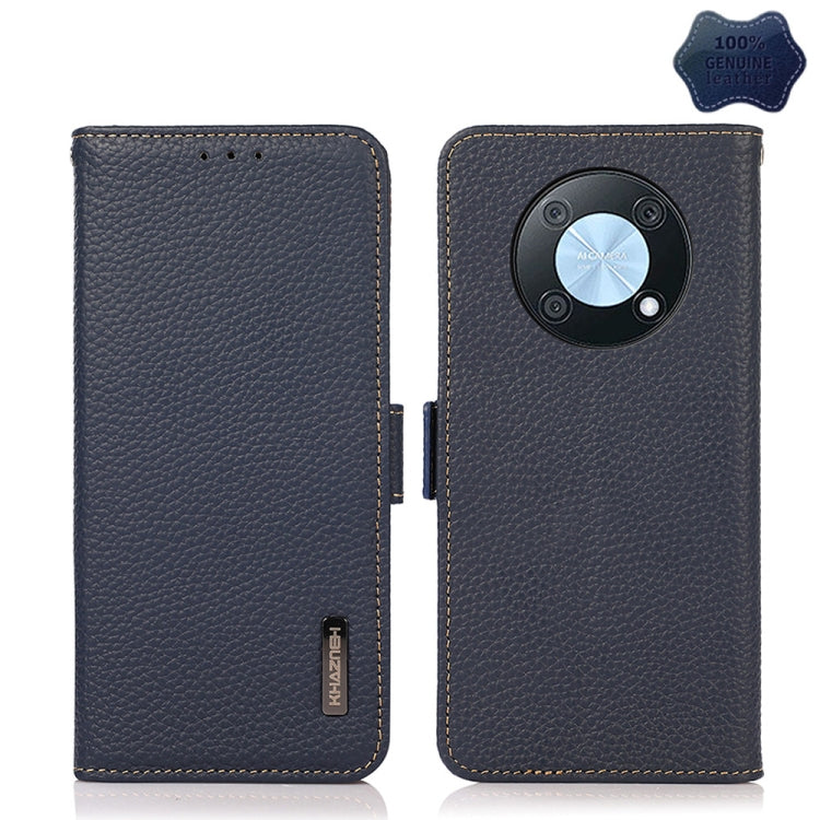 Genuine leather litchi-texture flip phone case, blue, with magnetic closure and camera cutout