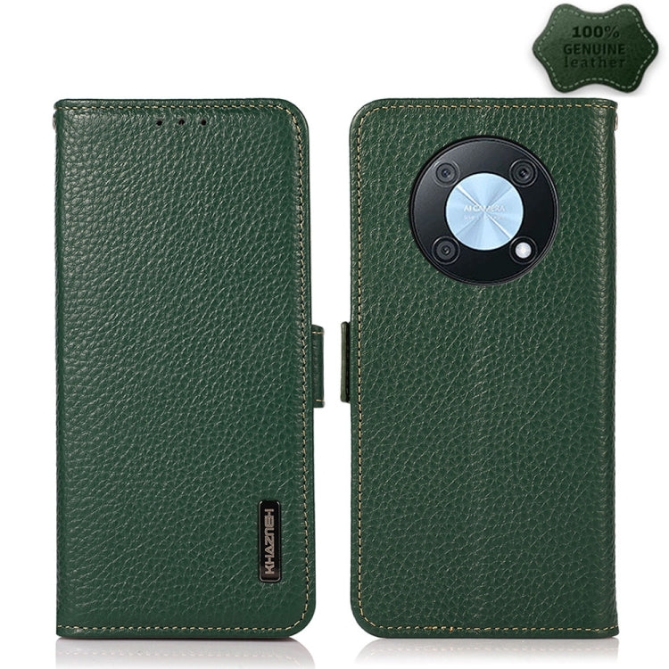 Genuine leather litchi-texture flip phone case, green, with magnetic closure and camera cutout