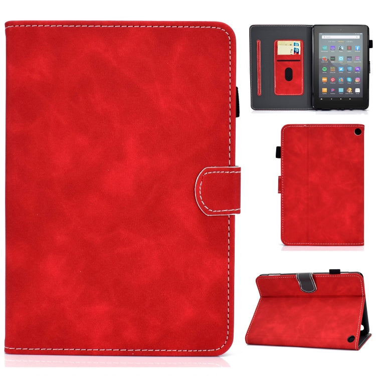 Red cowhide texture smart leather tablet case with stitched edges and fold stand
