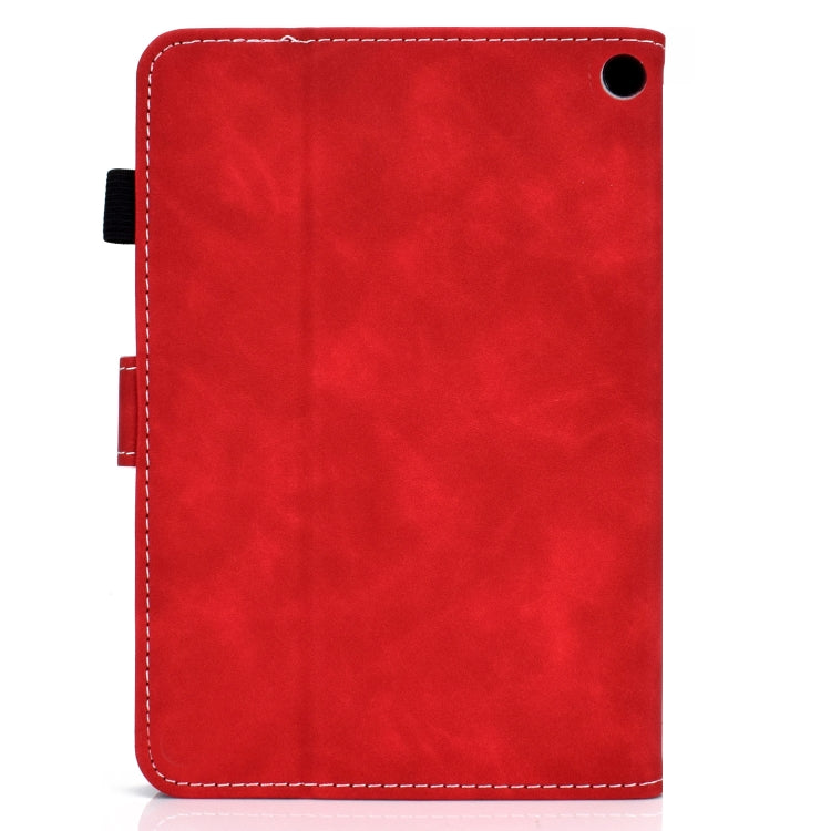 Red cowhide texture smart leather tablet case with round port cutout and corner seams