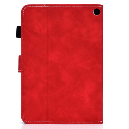 Red cowhide texture smart leather tablet case with round port cutout and corner seams