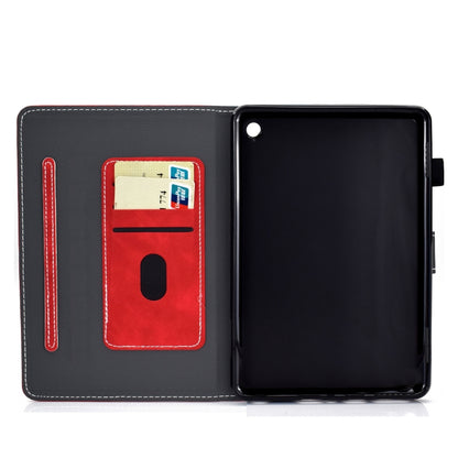 Black smart leather tablet case with red card slots and open cover for tablet