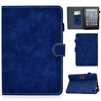 Blue cowhide texture smart leather tablet case with stitched trim and side pocket