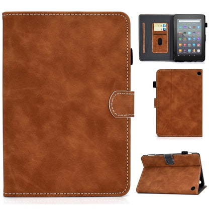 Brown cowhide texture smart leather tablet case with stitched edges and side pocket
