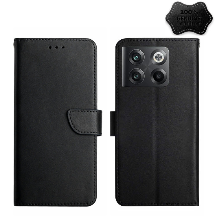 Black genuine leather flip phone case with side button cutout and front flap.