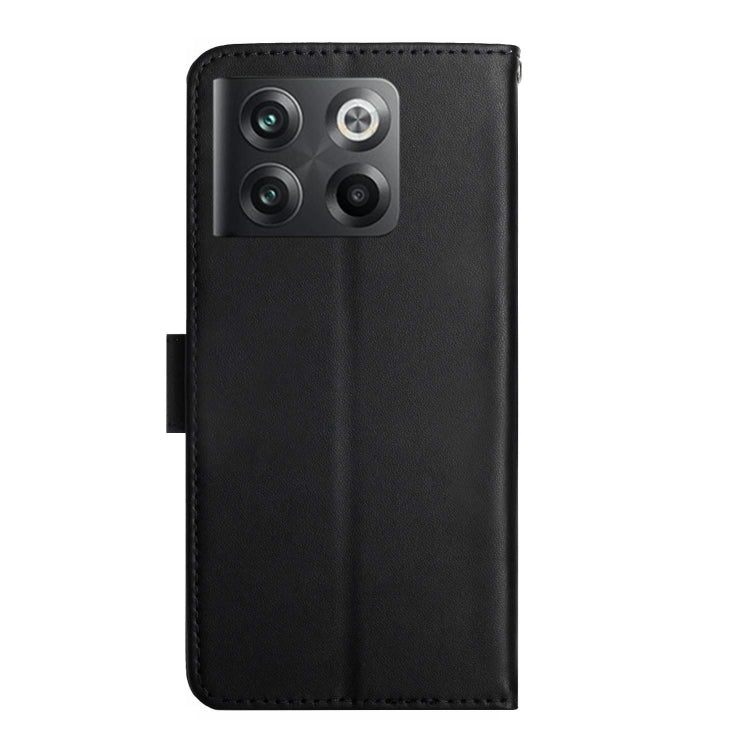 Black leather flip phone case back view with camera cutout and protective edges.