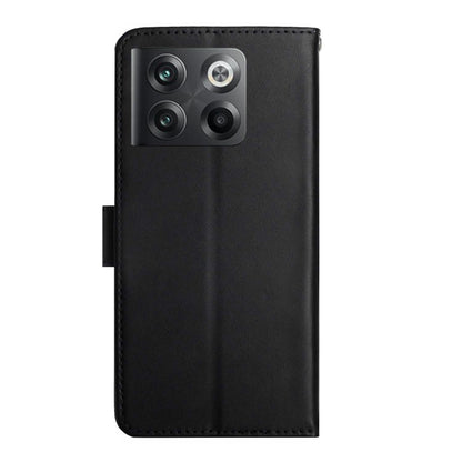 Black leather flip phone case back view with camera cutout and protective edges.