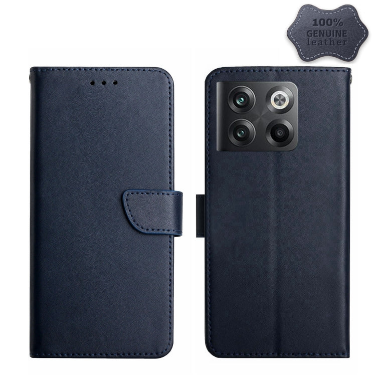 Blue genuine leather flip phone case with front flap and camera cutout.