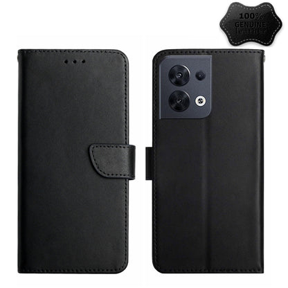 Dark blue leather flip phone case, front flap with stitched edges and camera cutout.